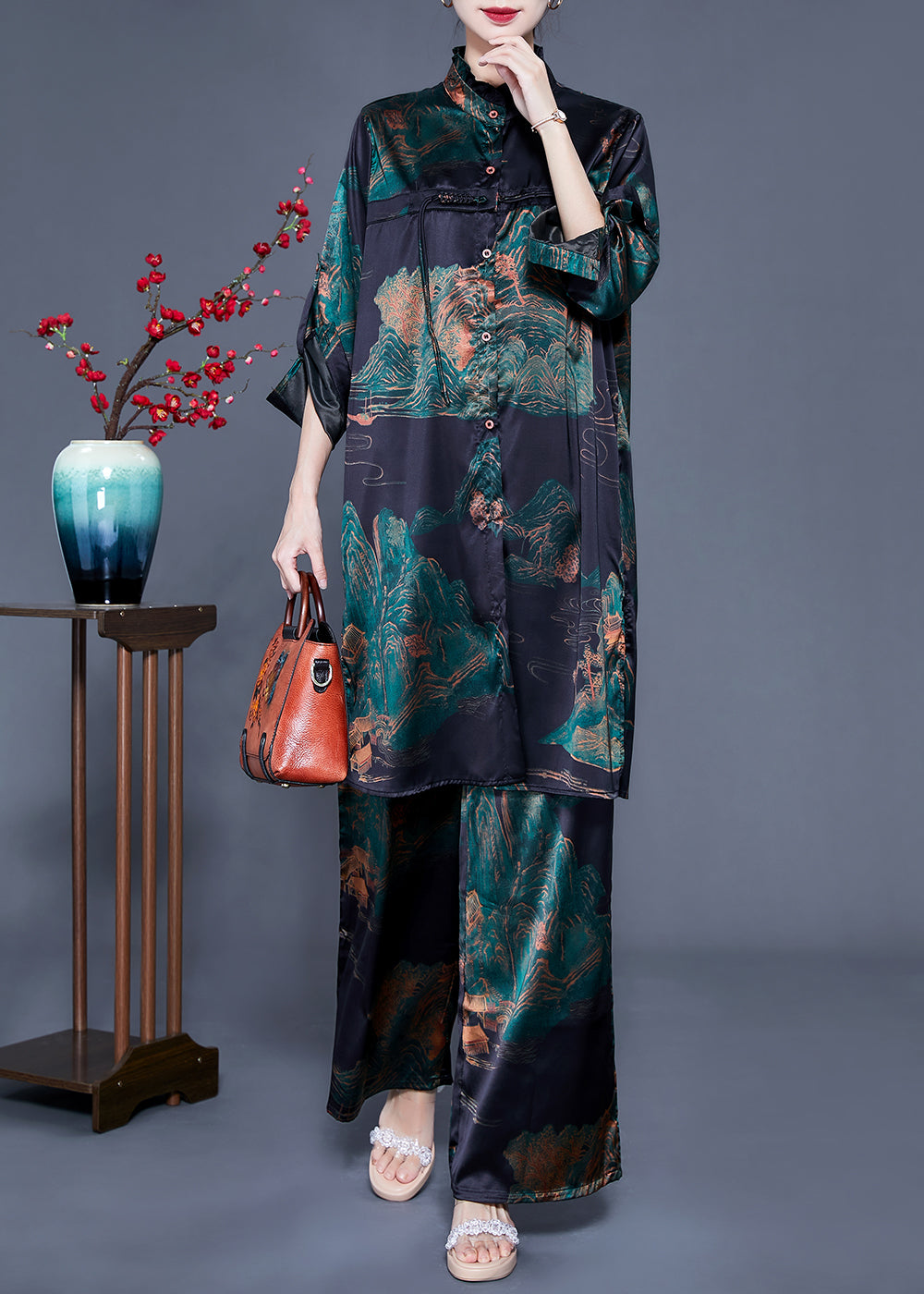 Blackish Green Print Ruffled Tassel Side Open Silk Two Pieces Set Spring