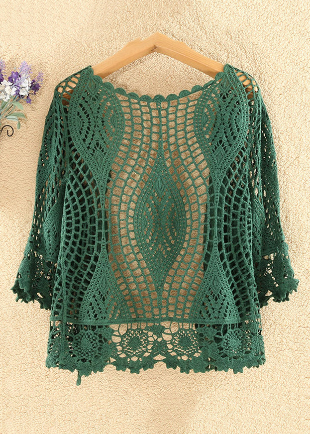 Blackish Green Hollow Out Cotton Knit Cardigan Summer