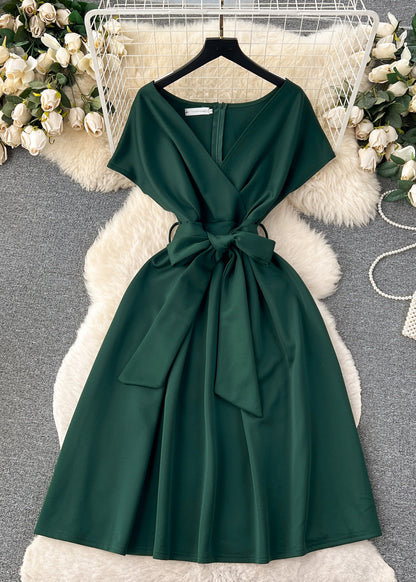 Blackish Green V Neck Zippered Tie Waist Spandex Dresses Summer