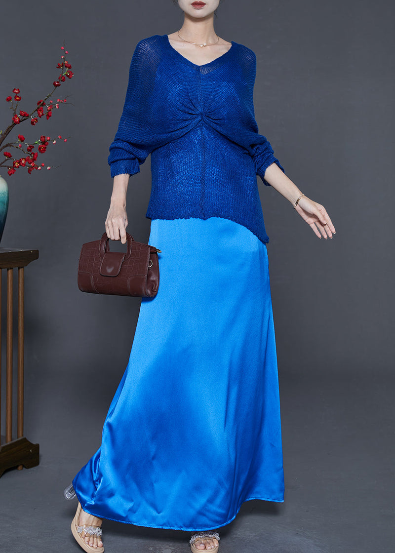 Blue Asymmetrical Design Knit Tops and Dresses Two Piece Suit Set Fall