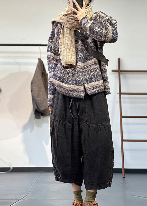 Blue Asymmetrical Oversized Print Wool Knit Cardigan Winter