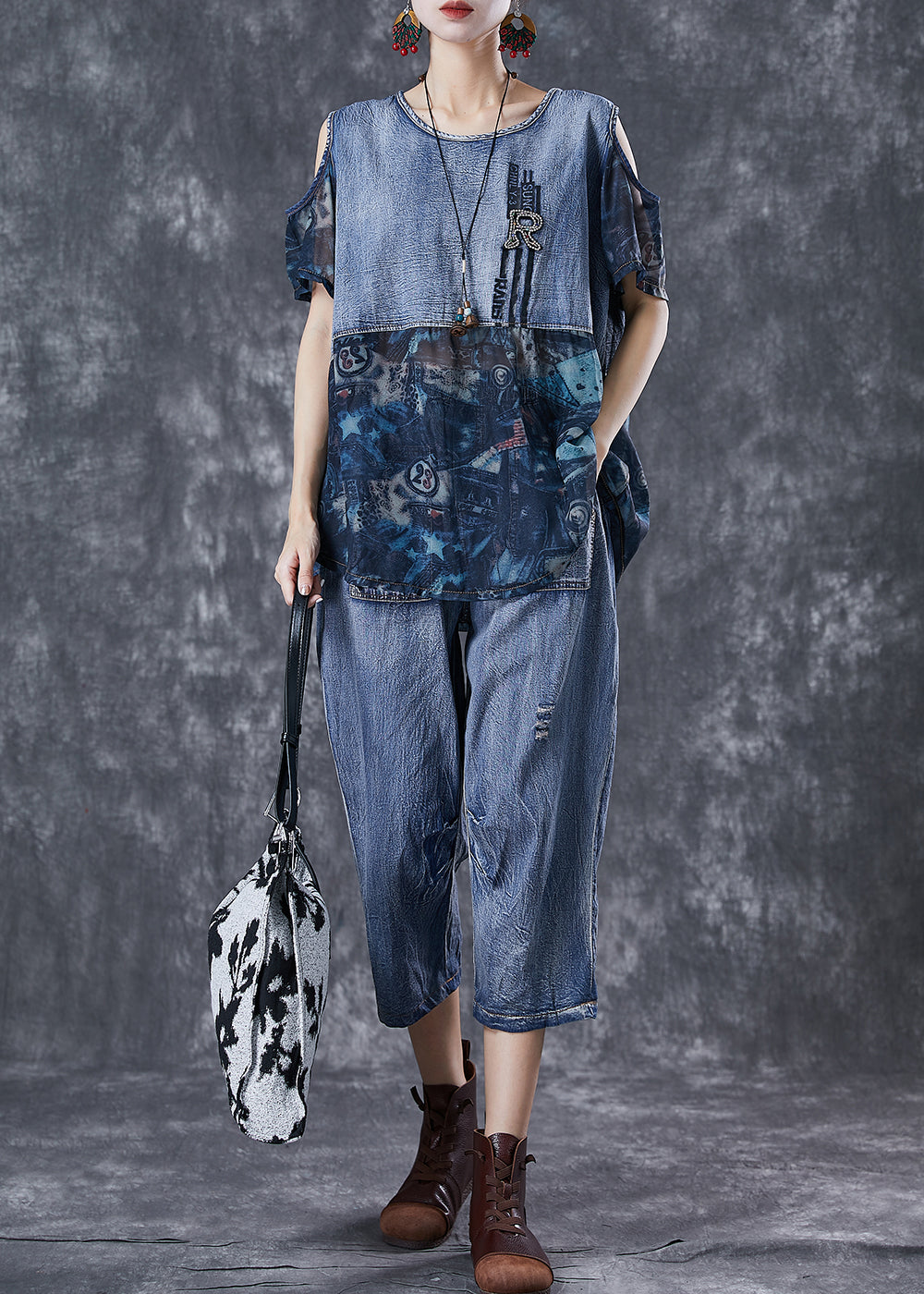 Blue Cold Shoulder Patchwork 2 Piece Outfit Summer