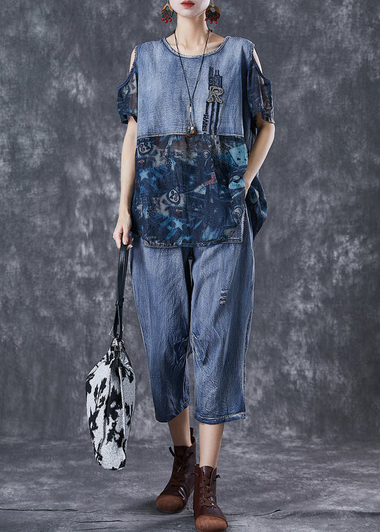 Blue Cold Shoulder Patchwork 2 Piece Outfit Summer