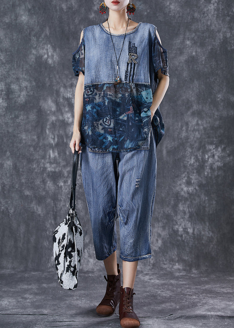Blue Cold Shoulder Patchwork 2 Piece Outfit Summer