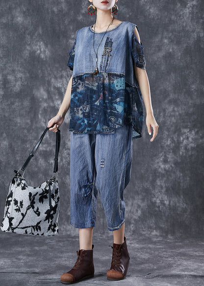 Blue Cold Shoulder Patchwork 2 Piece Outfit Summer