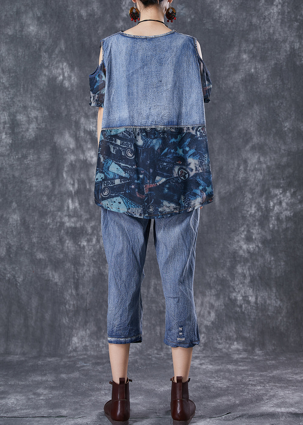 Blue Cold Shoulder Patchwork 2 Piece Outfit Summer