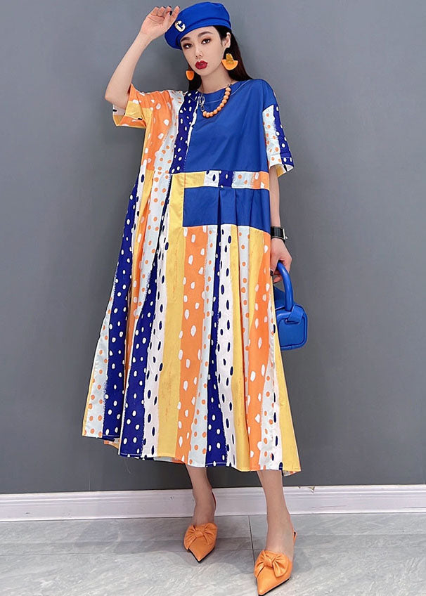Blue Dot Print Patchwork Cotton Pleated Long Dress Short Sleeve