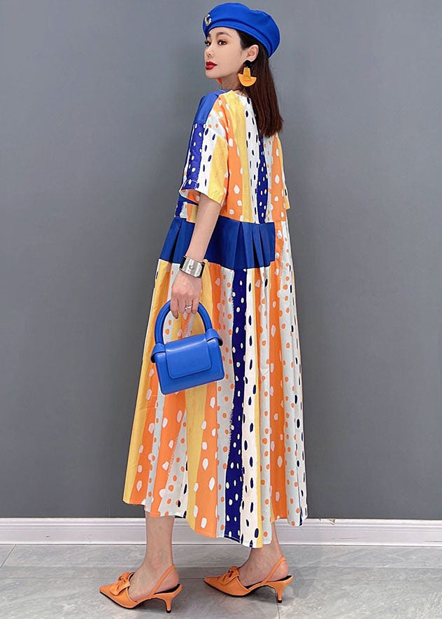 Blue Dot Print Patchwork Cotton Pleated Long Dress Short Sleeve