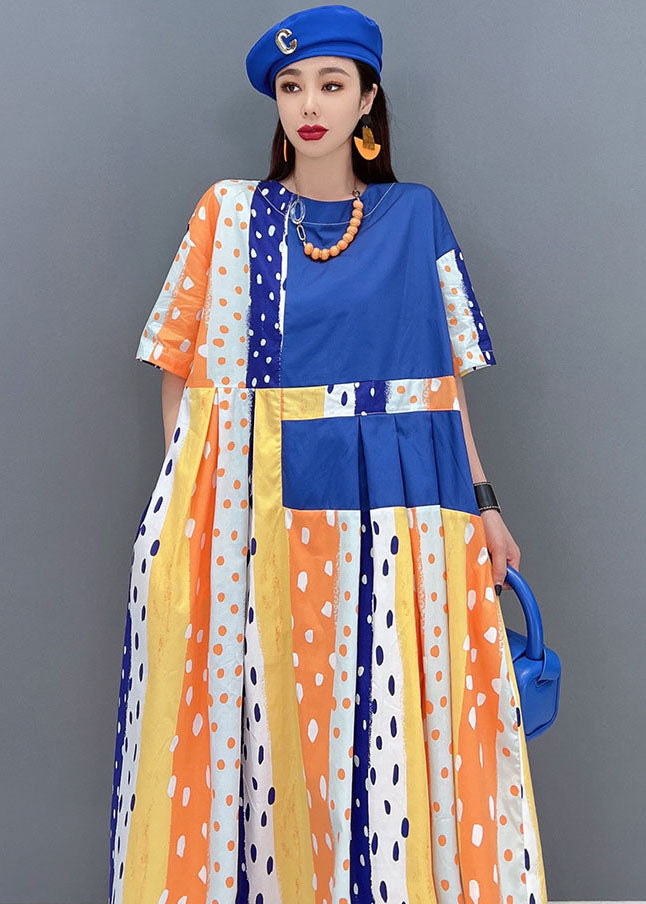 Blue Dot Print Patchwork Cotton Pleated Long Dress Short Sleeve