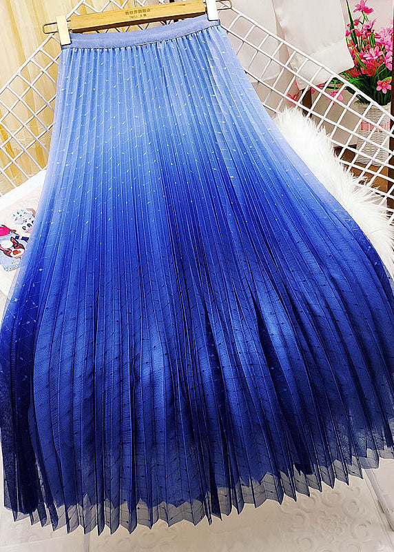 Blue Elastic Waist Sequins Gradient Color Tulle Pleated Skirt Spring