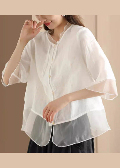 Blue Embroidered Tulle Patchwork Linen Shirt Summer