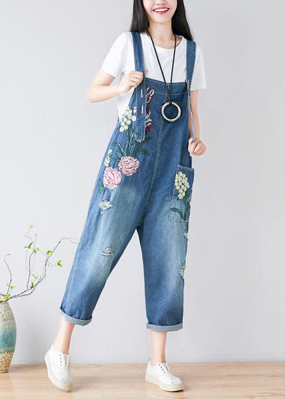 Blue Embroidered Cotton Denim Jumpsuits Spring