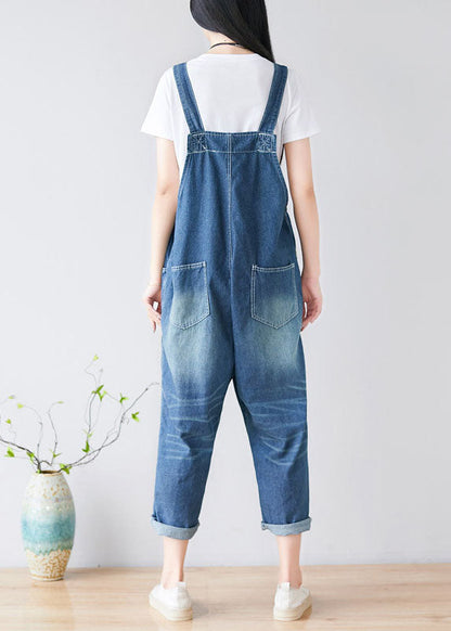 Blue Embroidered Cotton Denim Jumpsuits Spring