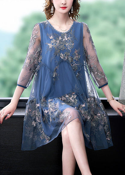 Blue Embroideried Patchwork Ruffled Tulle a Line Dress Summer