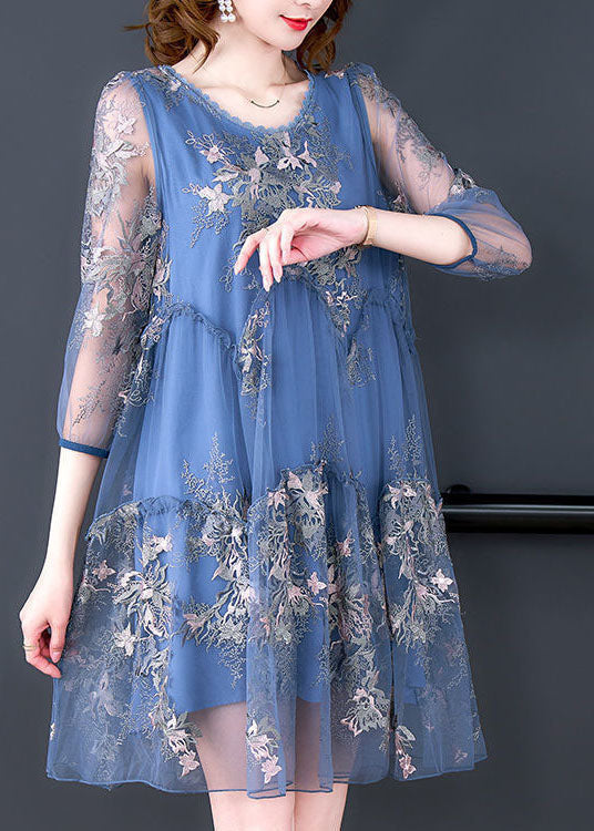 Blue Embroideried Patchwork Ruffled Tulle a Line Dress Summer