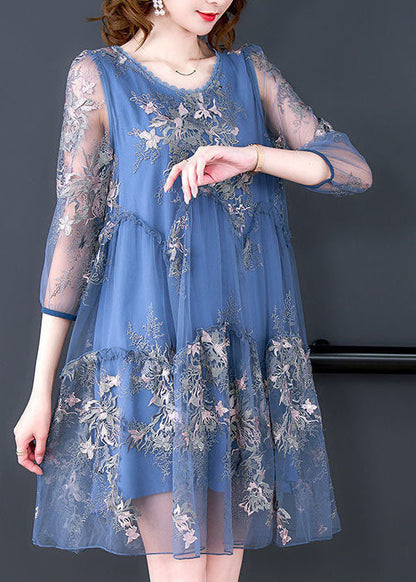 Blue Embroideried Patchwork Ruffled Tulle a Line Dress Summer