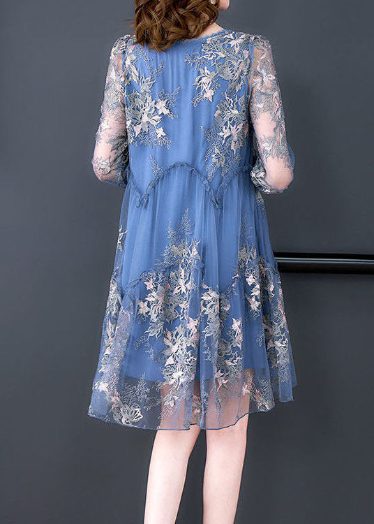 Blue Embroideried Patchwork Ruffled Tulle a Line Dress Summer