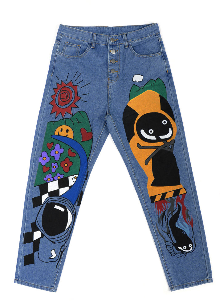 Blue Cartoon Printed Denim Pant Spring