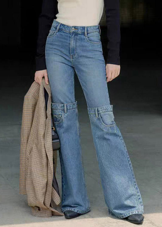 Blue High Waist Patchwork Flared Jeans Spring
