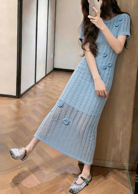 Blue Hollow Out Knit Ankle Dress Summer