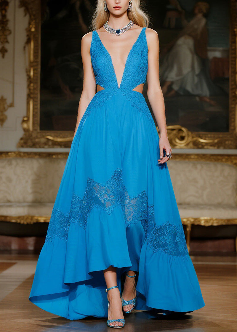 Blue Hollow Out Lace Patchwork Spaghetti Strap Dresses Summer