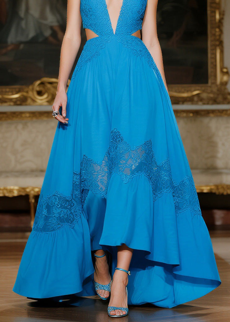 Blue Hollow Out Lace Patchwork Spaghetti Strap Dresses Summer