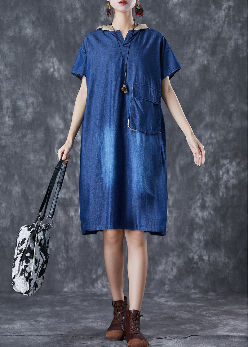 Blue Hooded Patchwork Pocket Denim Mid Dress Summer