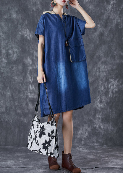 Blue Hooded Patchwork Pocket Denim Mid Dress Summer