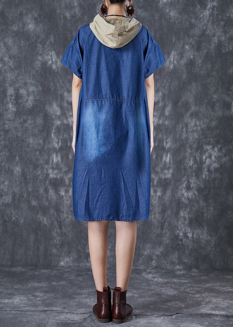 Blue Hooded Patchwork Pocket Denim Mid Dress Summer