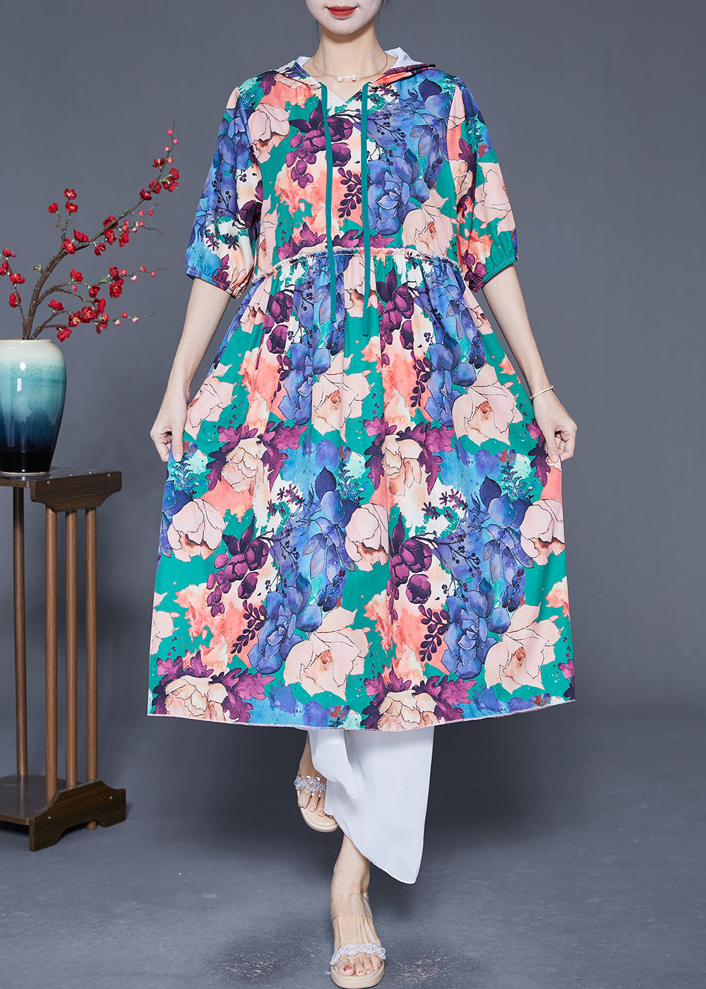 Blue Hooded Ruffled Print Silk Maxi Dresses Summer