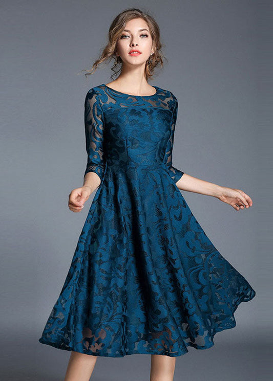 Blue Jacquard Wrinkled Patchwork Lace Mid Dress Summer