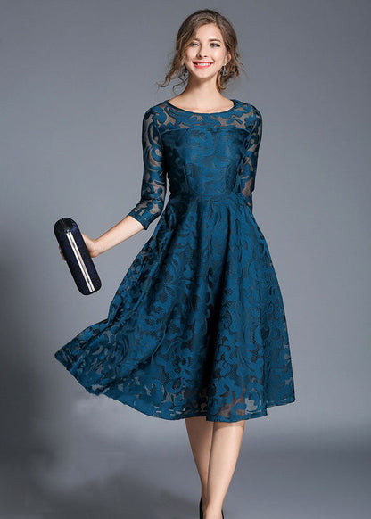 Blue Jacquard Wrinkled Patchwork Lace Mid Dress Summer