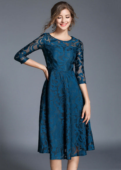 Blue Jacquard Wrinkled Patchwork Lace Mid Dress Summer