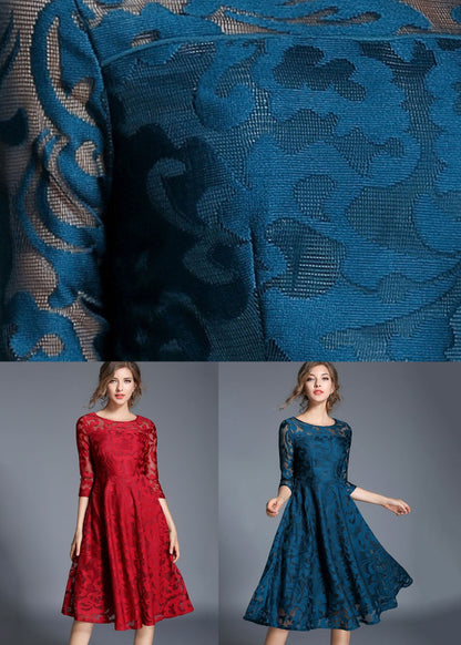 Blue Jacquard Wrinkled Patchwork Lace Mid Dress Summer