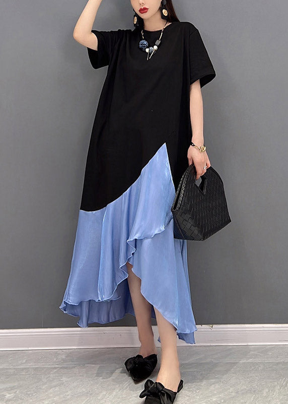 Blue O-neck Asymmetric Patchwork Dress Short Sleeve