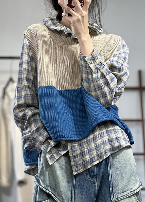 Blue O Neck Patchwork Cozy Knit Waistcoat Sleeveless