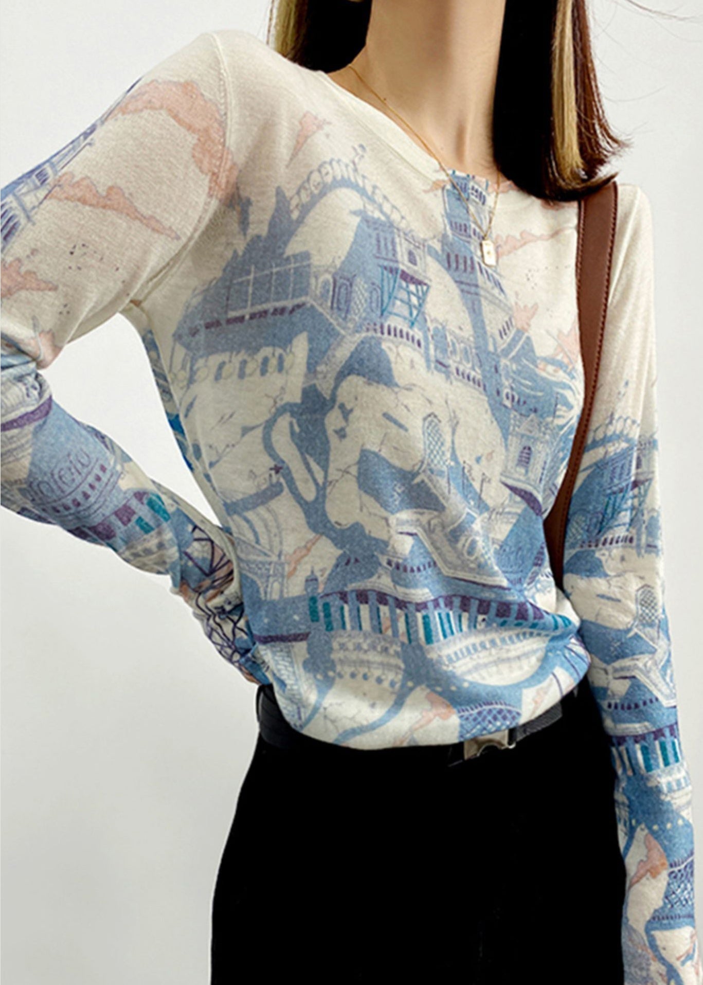 Blue O Neck Print Patchwork Knitting Cotton Top Long Sleeve
