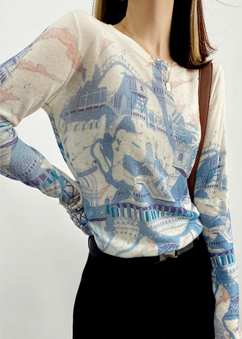 Blue O Neck Print Patchwork Knitting Cotton Top Long Sleeve