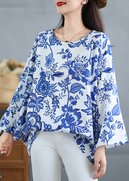 Blue O Neck Print Cotton Tops Fall