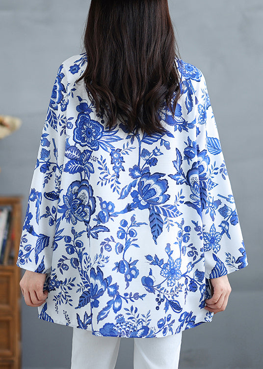 Blue O Neck Print Cotton Tops Fall