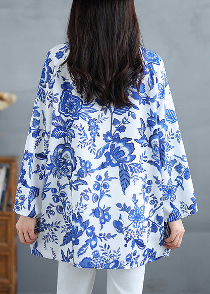 Blue O Neck Print Cotton Tops Fall