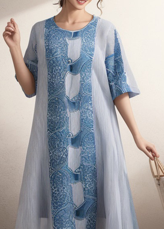 Blue O Neck Print Silk Dress Summer