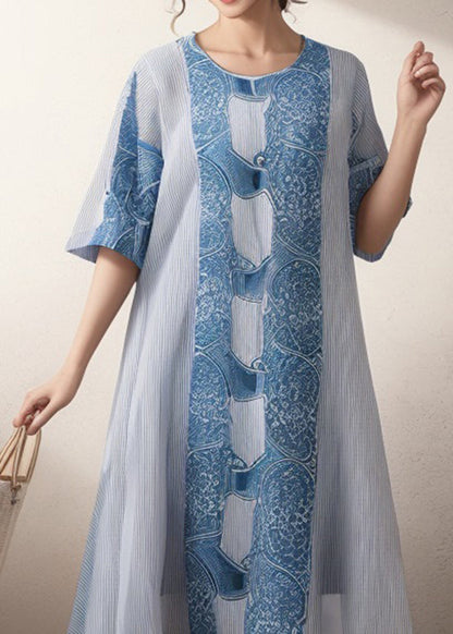Blue O Neck Print Silk Dress Summer
