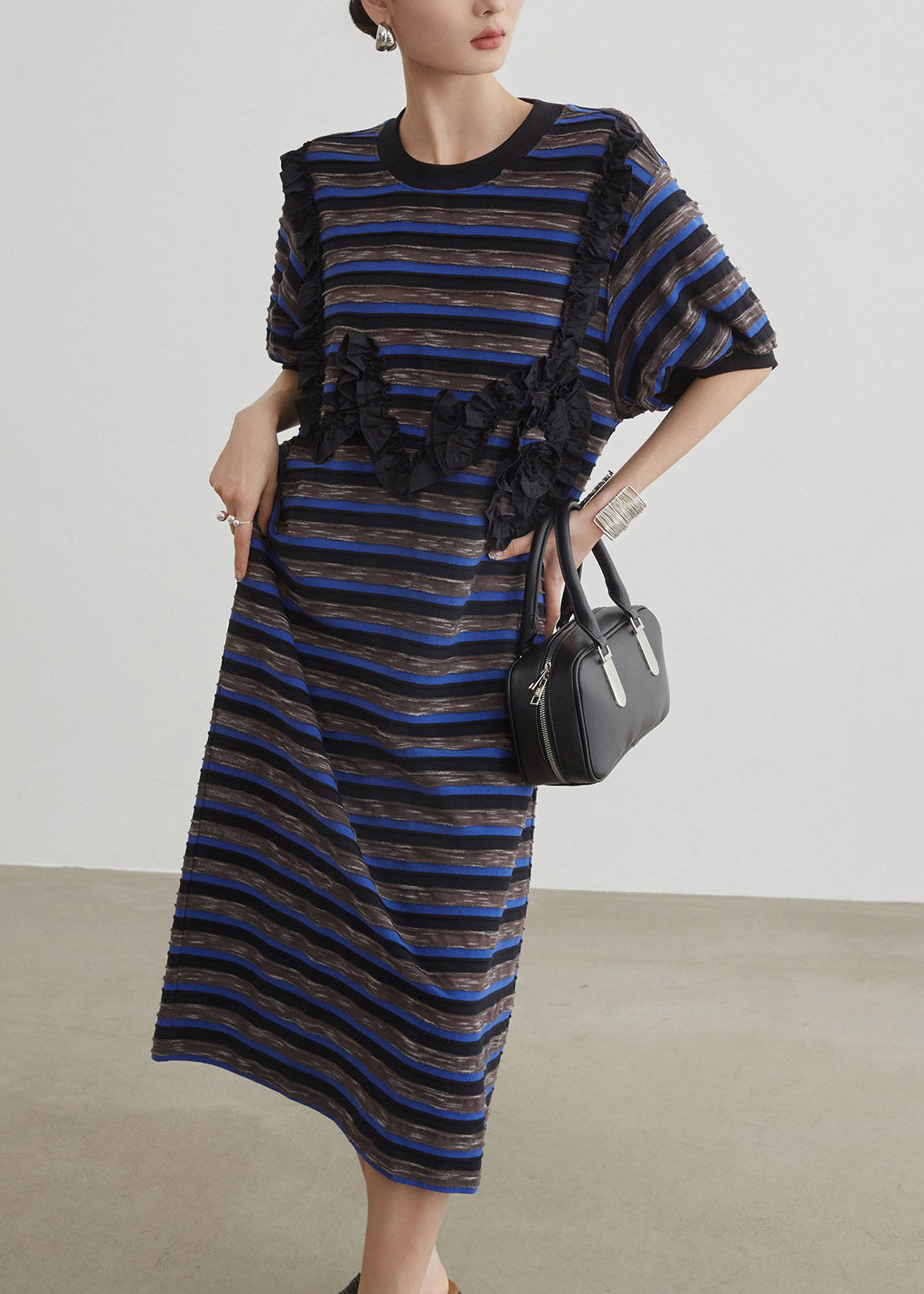Blue O-neck Striped Long Dress Short Sleeve