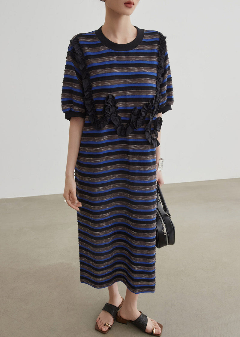 Blue O-neck Striped Long Dress Short Sleeve