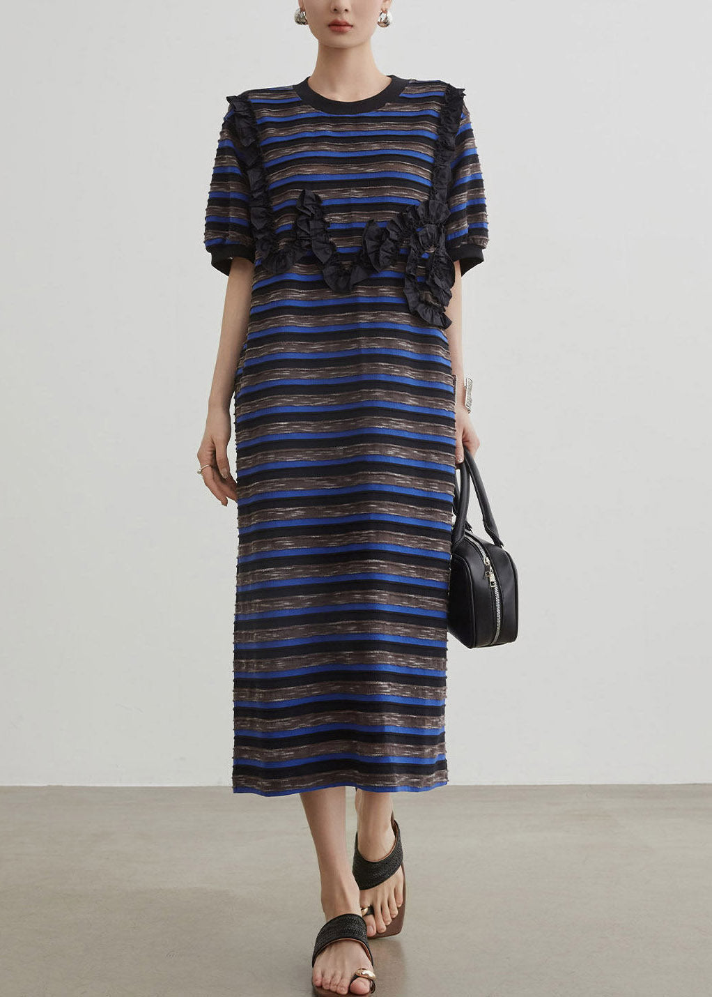 Blue O-neck Striped Long Dress Short Sleeve