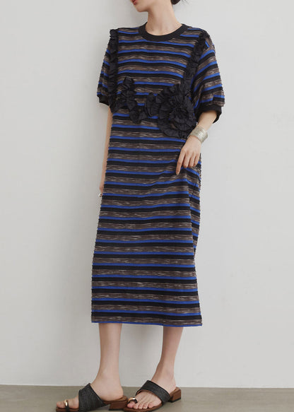 Blue O-neck Striped Long Dress Short Sleeve