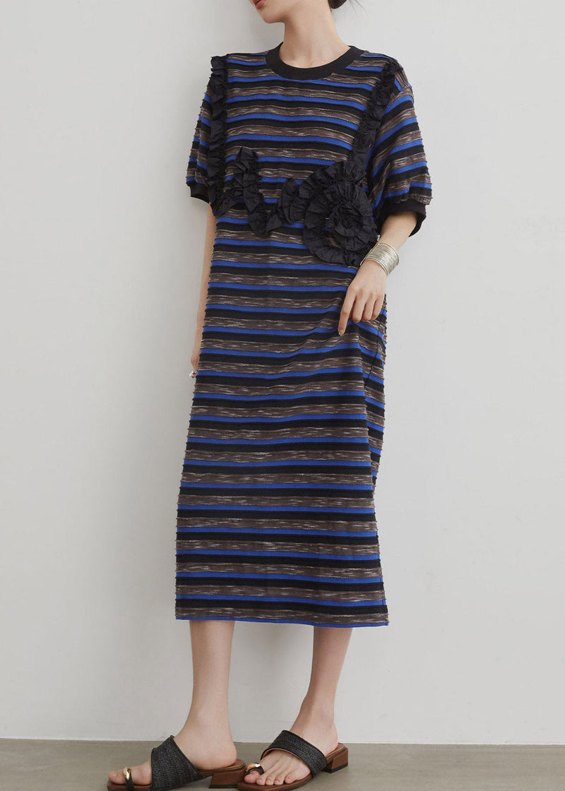 Blue O-neck Striped Long Dress Short Sleeve
