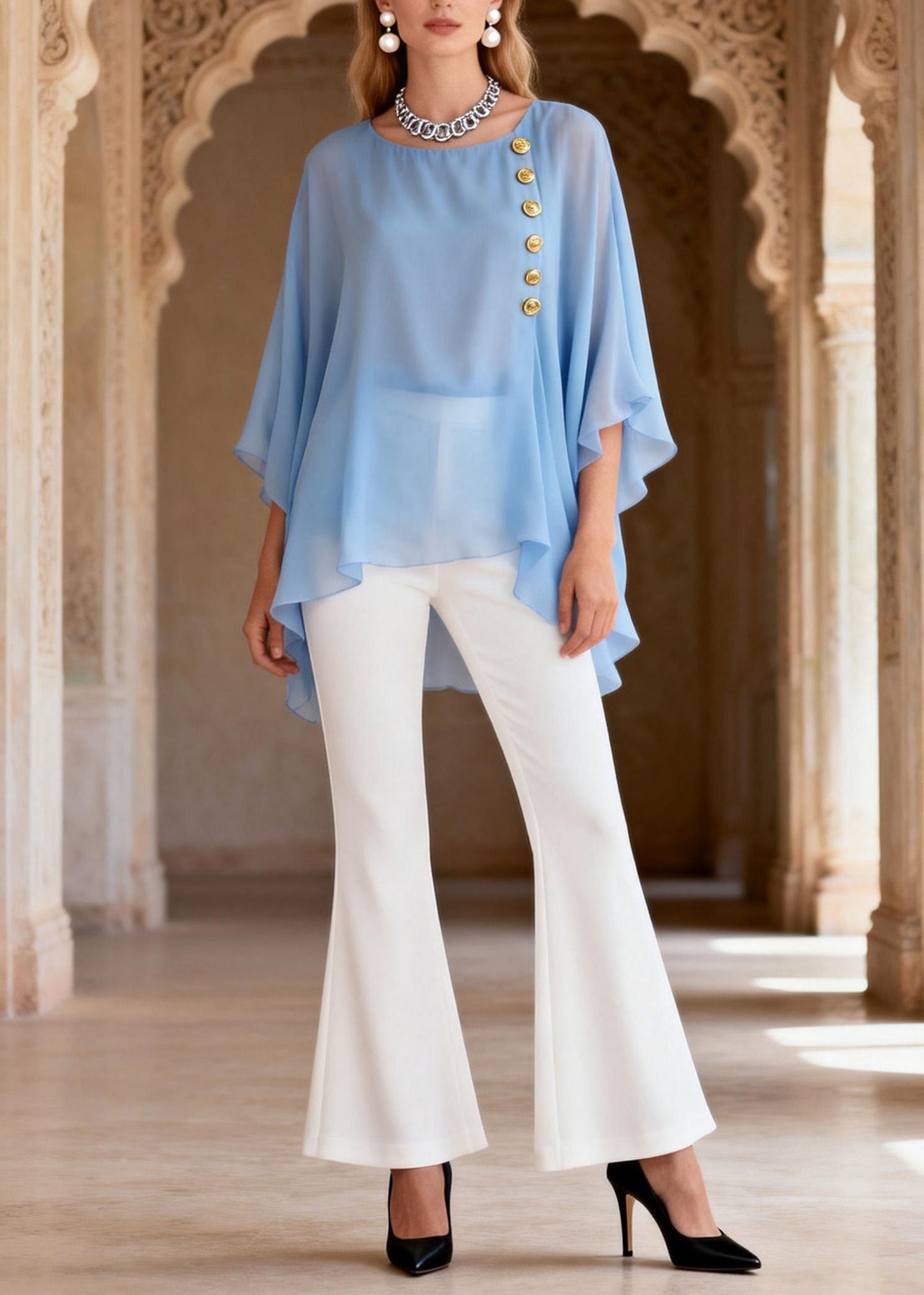 Blue O Neck Top and White Flared Trousers Chiffon Two Pieces Set Summer