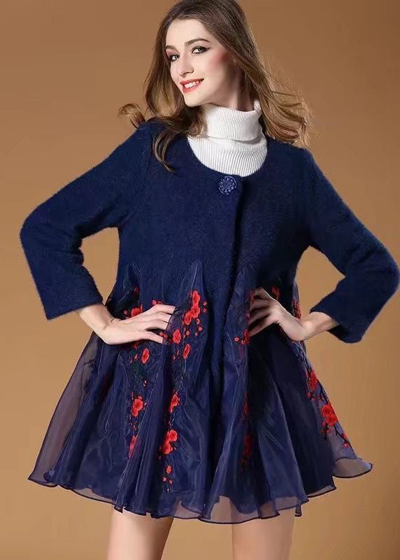 Blue Organza Patchwork Embroideried Wool Coats Winter